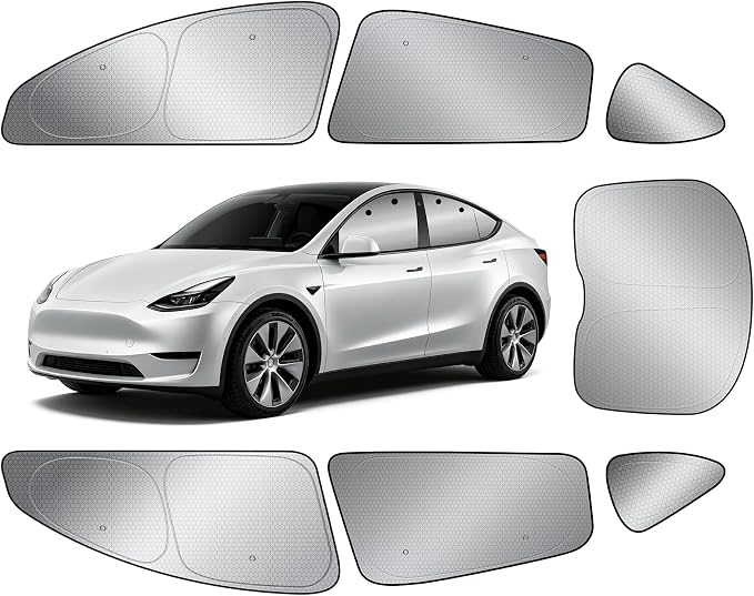 Custom Fit Tesla Model Y and Juniper Side Window Sun Shade, Blackout 7PCS | Graphene honeycomb UV heat blocking fabric, blackout privacy, strong suction cups, foldable storage for baby pets and camping by AUTOWOEL