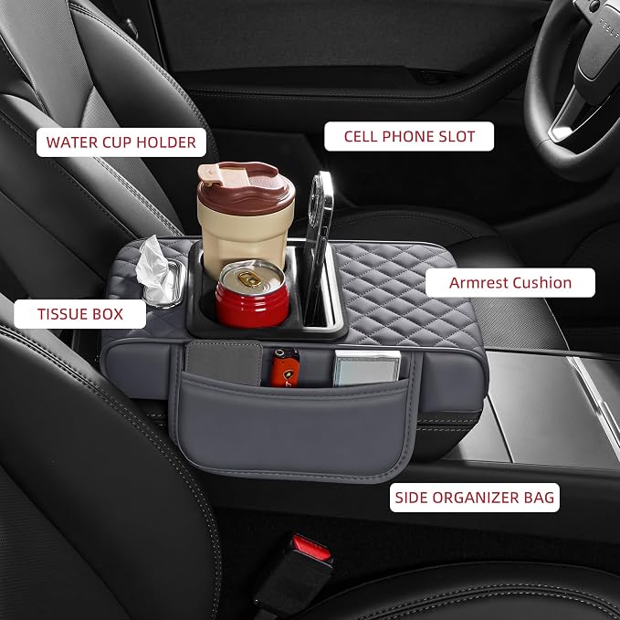 5 in 1 Nappa Leather Console Armrest Cover, Gray | Built-in cup holder, tissue slot, phone holder & 2 storage pockets, practical car accessories fit SUV sedan truck - Image 2