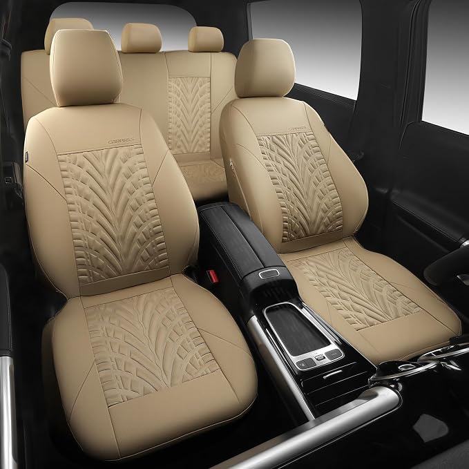 CAR PASS Neoprene Waterproof Seat Covers Full Sets, Wetsuit Car Seat Covers 5 Seats Universal Fit for Vans, Truck, SUV, 3D Tyre Embossed Seat Covers Anti Slip with Armrests, Aibag Compatible All Beige - Image 8