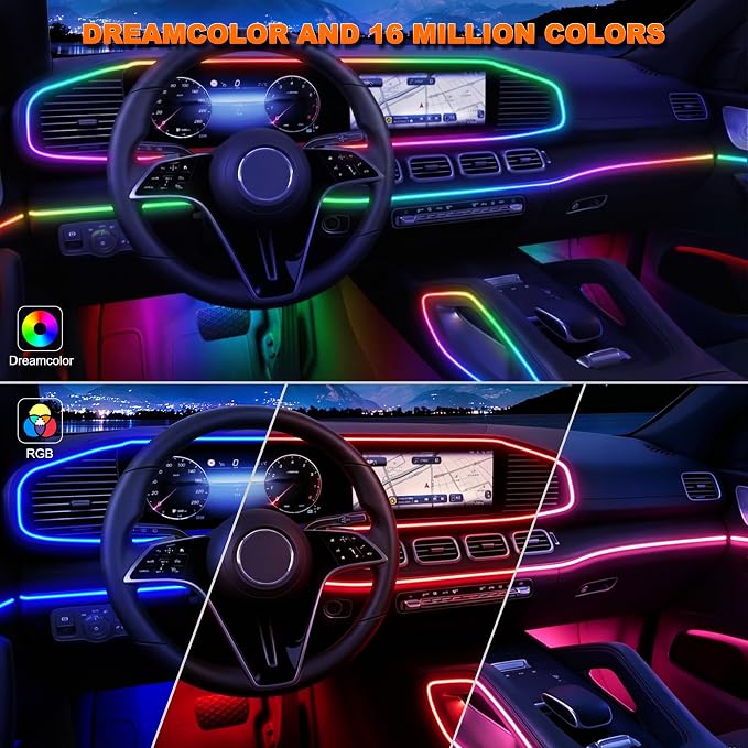 Jushope Interior Car LED Strip Lights, USB Car Ambient Lighting (6 in 1) | Dynamic Dream-color Chasing Wireless APP Control Music Sync Flexible Acrylic LED Lights for Car - Image 2
