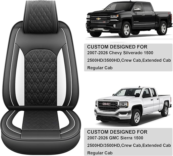 Chevy Silverado Seat Covers,Leather Seat Covers for GMC Sierra,Custom Fit 2007-2026 1500 2500HD 3500HD Crew Double Extended Regular Cab,LT LZT RST Trail Boss(Full Set,Black White) - Image 6