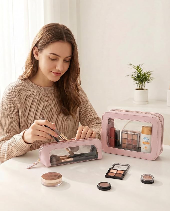 Makeup Bag Set Cosmetic Pouch for Women Waterproof PU Leather,Travel Toiletry Bag Cute Makeup Organizer Purse Pouch Preppy Pencil Case with Zipper (2Pack-Standard&Slim, Light Pink) - Image 3