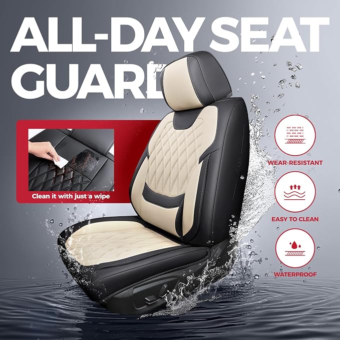 FREESOO Front Seat Covers Faux Leather Waterproof Universal Fit Black Beige | faux leather front seat covers, breathable waterproof, lumbar support, universal fit sedans hatchbacks pickups - Image 4