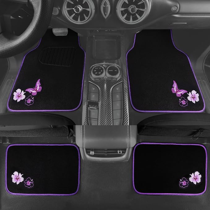 CAR PASS Embroidery Butterfly and Flower Car Floor Mats, Purple Car Floor Mats, Universal Fit 95% Automotive,SUVS,Sedan,Vans,for Women,Girly,Set of 4(Black with Purple) - Image 4