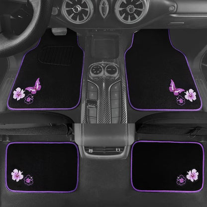 CAR PASS Embroidery Butterfly and Flower Car Floor Mats, Purple Car Floor Mats, Universal Fit 95% Automotive,SUVS,Sedan,Vans,for Women,Girly,Set of 4(Black with Purple) - Image 4
