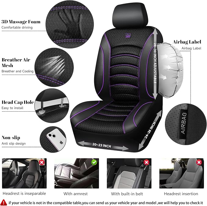 CAR PASS Comfortable 3D Foam Mesh Leather Car Seat Covers Front, Air Cool Mesh Breathable Front Seat Covers for Car, Universal for SUV Truck Sedan Automotive, Airbag Compatible,Black Purple - Image 3