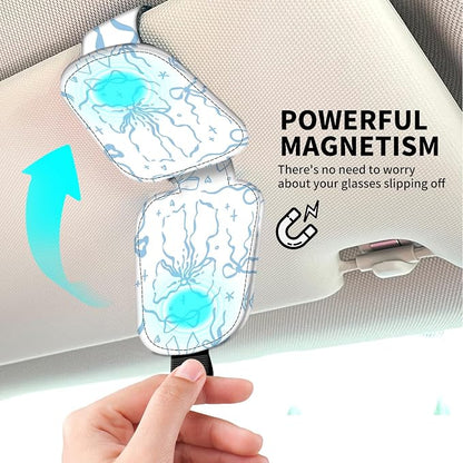 Leather Magnetic Sunglass Holder for Car Sun Visor, Cute Eyeglass Ticket Card Hanger Clip, Universal Auto Interior Accessories for SUV Pickup Truck, Blue Ribbon - Image 3