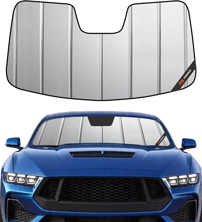 Pigenius Windshield Shade for Ford Mustang 2015-2023 with Rearview Mirror Mounted Camera, Custom Front Window Sunshade - Safeguard by Pigenius