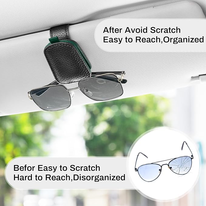 SINGARO Sunglasses Holder for Car, Leather Magnetic Buckle Sun Visor Sunglass Clip, Ticket Card Storage Glasses Clip, Car Interior Accessories for Men and Women（2PCS Black-Green） - Image 6