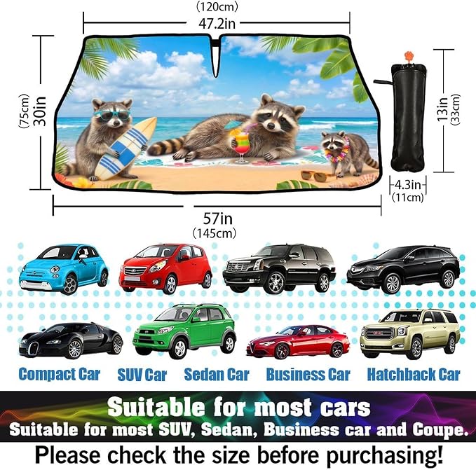 CHILL·TEK Funny Raccoon Car Windshield Sun Shade Umbrella Hawaiian Raccoon Car Sun Shade Umbrella Block UV Rays Heat Foldable Windshield Umbrella Sun Visor Protector - Keep Vehicle Cool for Cars SUV - Image 3