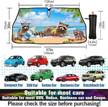 CHILL·TEK Funny Raccoon Car Windshield Sun Shade Umbrella Hawaiian Raccoon Car Sun Shade Umbrella Block UV Rays Heat Foldable Windshield Umbrella Sun Visor Protector - Keep Vehicle Cool for Cars SUV - Image 3