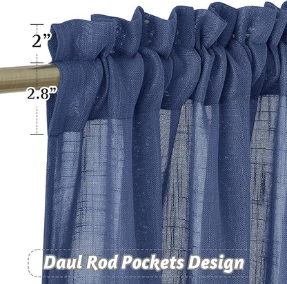 RYB HOME Curtains for Living Room - Linen Texture Sheer Farmhouse Country Curtains for Patio Sliding Glass Door French Door Bedroom Dining, Navy Blue, 52 x 95 inches, 2 Panels - Image 2