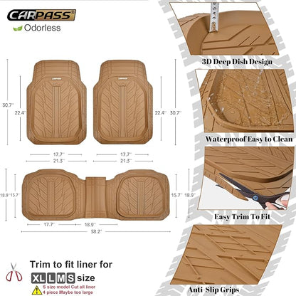 CAR PASS Tire Tread DeepDish Rubber Floor Mats for car Heavy Duty car mats All Weather, Universal XL~M Trim to Fit for Truck SUV Vehicle Automotive, Waterproof car mats 3 piece Solid Beige - Image 2