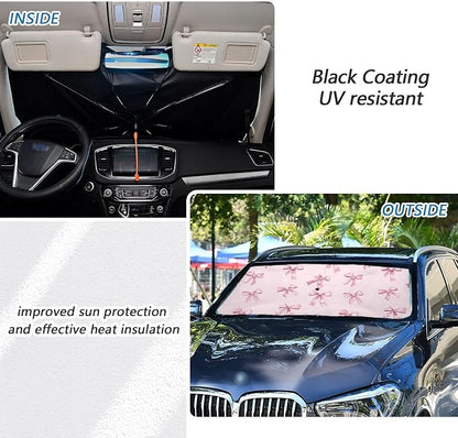 Windshield Sun Shade Umbrella Pink Bows Printed Foldable Car Front Window Sunshade Blocks UV Rays Heat Keep Vehicle Cool 55"x27.5" - Image 4
