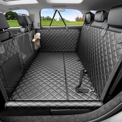 REEVAA Dog Car Seat Cover for Back Seat, Hard Bottom, L, Black | 450 lbs Extender, 45% More Space for 2-4 Large Dogs, Waterproof, Zippered Mesh Window, Fits for SUV Medium Truck by REEVAA