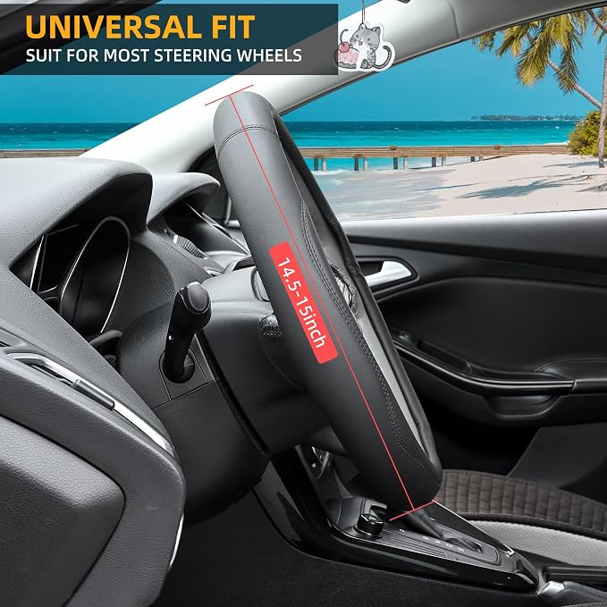 Microfiber Leather Steering Wheel Cover Universal 15 inch (Black) - Image 3
