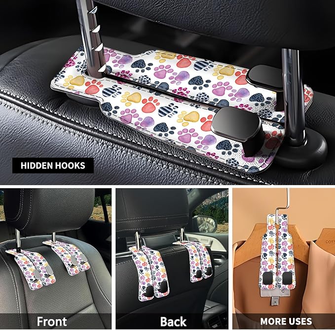 Car Seat Headrest Hook, Universal Leather Cute Hanger Holder Hook, Storage Organizer Interior Accessories for Purse Bags Handbag Cute Colorful Dog Paws - Image 3