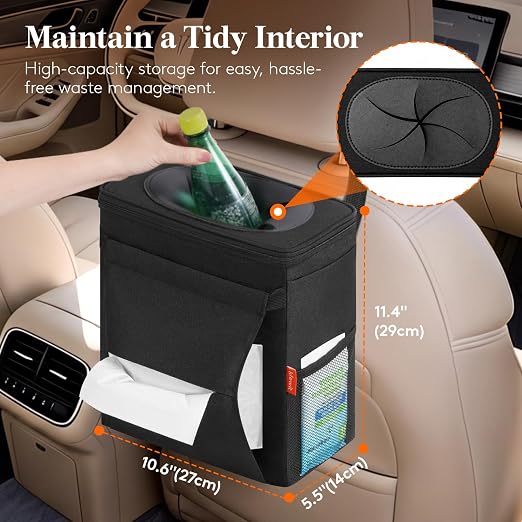 Lifewit Car Trash Can with Lid and Tissue Holder, Leak-Proof Waterproof Automotive Garbage Cans, Car Accessory Interior, Trash Bin for the Back/Front/Console of Car, 3 Gallons, Black | Leakproof, Waterproof, Tissue Holder, Adjustable Straps, Magnetic S... - Image 2