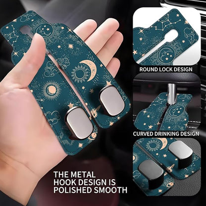 Car Seat Back Storage Headrest Hook, Premium Leather Double Metal Hook, Hanger Storage Organizer for Purse Cloth Bag, Car Interior Accessories Cute Blue Sun Boho - Image 3