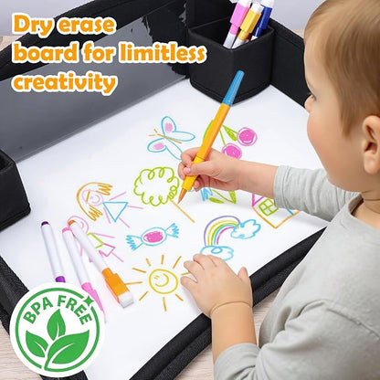 Kids Lap Desk Tray for Road Trip Activities, Portable, 2PCS Black | With 16.7" x 13.4" Smooth Dry Erase Board, Cup holders, Ddjustable Strap & Shoulder Carry Strap - Image 3
