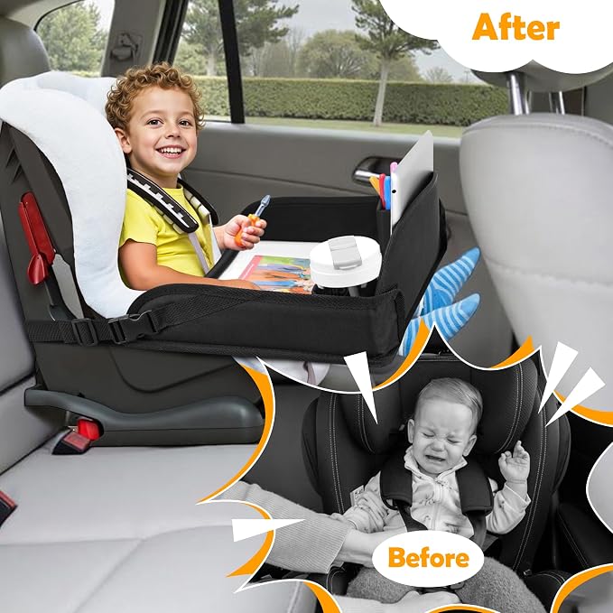 Kids Lap Desk Tray for Road Trip Activities, Portable, 2PCS Black | With 16.7" x 13.4" Smooth Dry Erase Board, Cup holders, Ddjustable Strap & Shoulder Carry Strap - Image 2