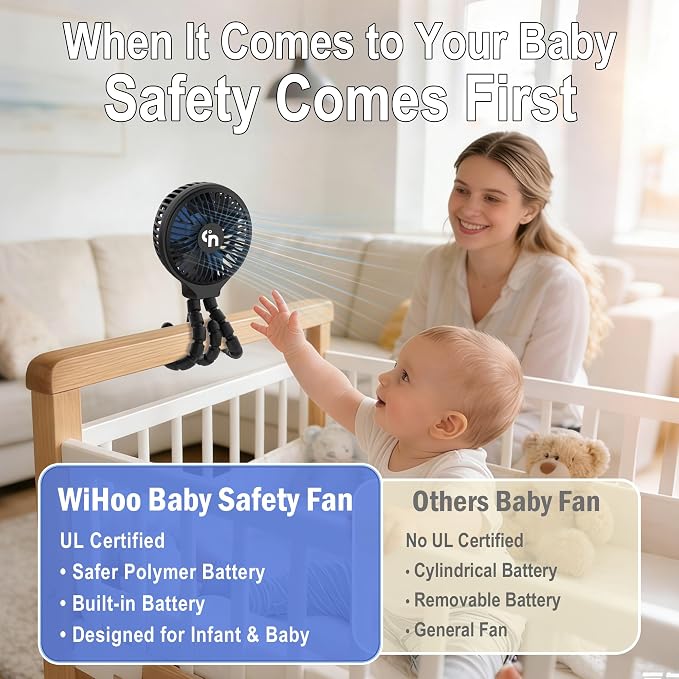 WiHoo Portable Stroller Fan, 10H Ultra-long Battery Life 3 Speed 360°Rotate, USB Rechargeable or Battery Operated Cooling Clip On Personal Fan for Baby Crib Travel Car Seat Black - Image 4