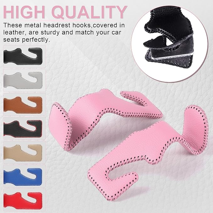 LivTee Headrest Hook for Car, Back Seat Organizer Pink Leather Hanger Holder Hook, Interior Car Accessories for Hanging Purses Bags Coats, 2 Pack - Image 5