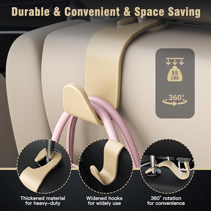 4-Pack Car Headrest Hooks Holds 55lbs Seat Storage Organizer for Bags | Durable ABS Material, 360° Rotating, Car Hanger for Backpack Umbrella Water Bottle Coat Purses Handbags Groceries, Beige - Image 5