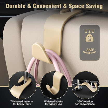 4-Pack Car Headrest Hooks Holds 55lbs Seat Storage Organizer for Bags | Durable ABS Material, 360° Rotating, Car Hanger for Backpack Umbrella Water Bottle Coat Purses Handbags Groceries, Beige - Image 5