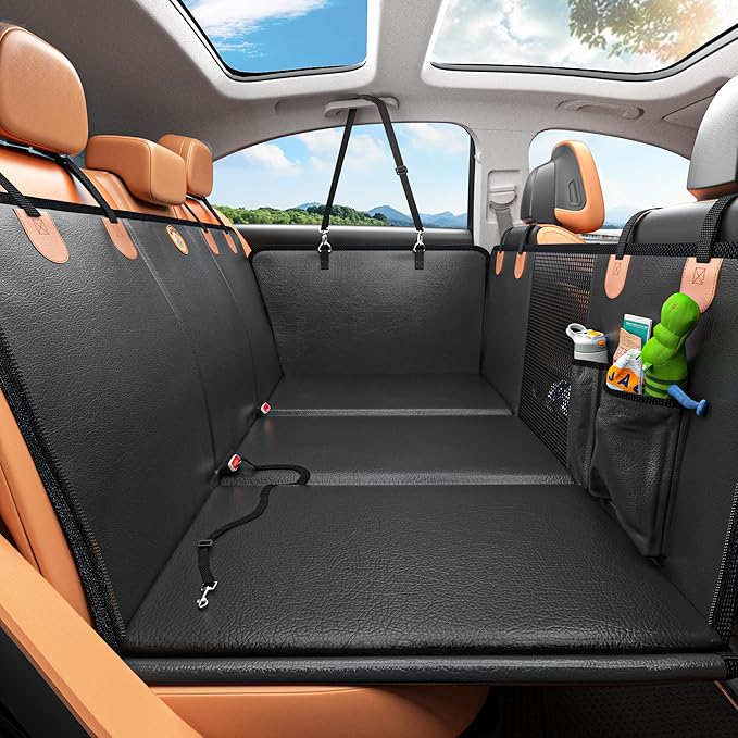 Hard Bottom Dog Car Seat Cover for Back Seat, PU Leather Dog Seat Extender | 100% Waterproof, Anti Scratch, Safer, Easy to Use and Clean, Holds 400lbs, Dog Hammock for Cars, SUVs, Trucks by MYJAQI