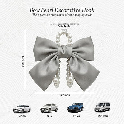 2PCS Satin Bow Pearl Car Seat Headrest Hooks – Car Bag Holder & Vehicle Hanger for Purses – Cute Coquette Aesthetic Interior Decoration – Cute Auto Organizer Accessories Universal (Moonlight Grey) - Image 2