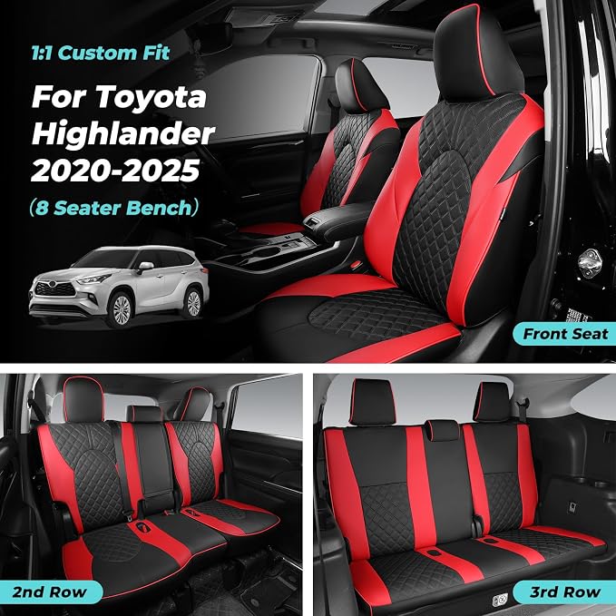 Custom Seat Covers for Toyota Highlander 2020-2024 8Seats BlackRed | faux leather, 2nd row 40/60 split bench, waterproof, breathable, airbag compatible, stain resistant, easy install - Image 6