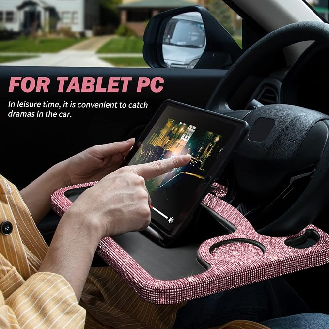 eing Car Eating/Laptop Steering Wheel Desk,Bling Crystal Steering Wheel Tray(16.6"x11.1"(2 in 1)) - Pink - Image 4