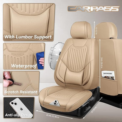 CAR PASS Luxury Nappa Leather Car Seat Covers Full Set, Lumbar Support Seat Covers for Car 5 Seats, Waterproof Car Seat Protector, Automotive Seat Covers Universal Fit for Most Sedans SUV Trucks Beige - Image 3