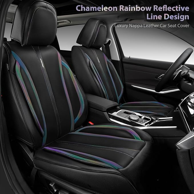 CAR PASS Nappa Leather Seat Covers Front Seats Only, Waterproof Faux Leather car Seat Cover 2 Piece Cushions Protector Universal Fit for SUV Truck Automotive Vehicle, Chameleon Iridescent Reflective - Image 6