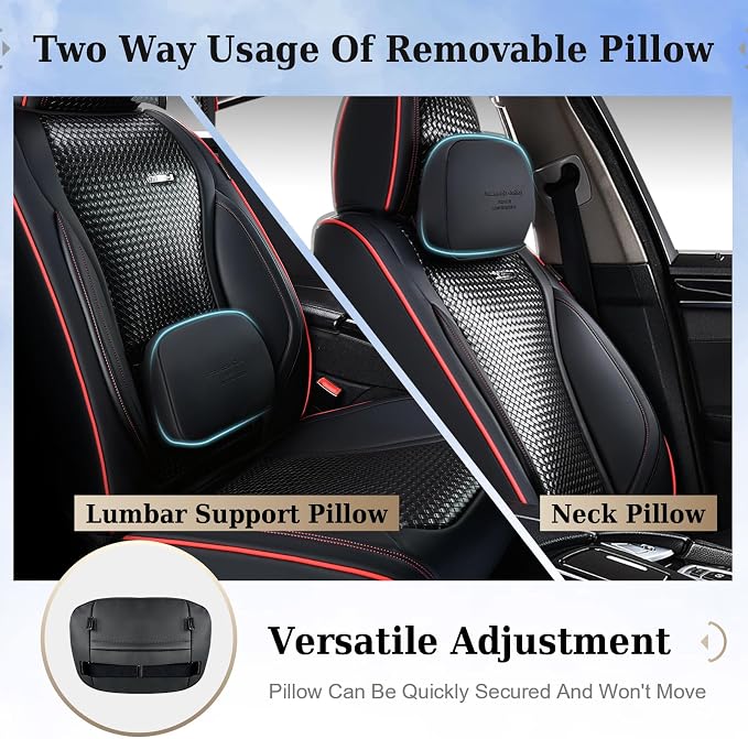 Coverado Seat Covers, Car Seat Covers Front Seats, Waterproof Nappa Leather Auto Seat Cover with Lumbar Head Pillow, Black Redline Seat Covers Carseat Cover Universal Fit for Most Cars - Image 2
