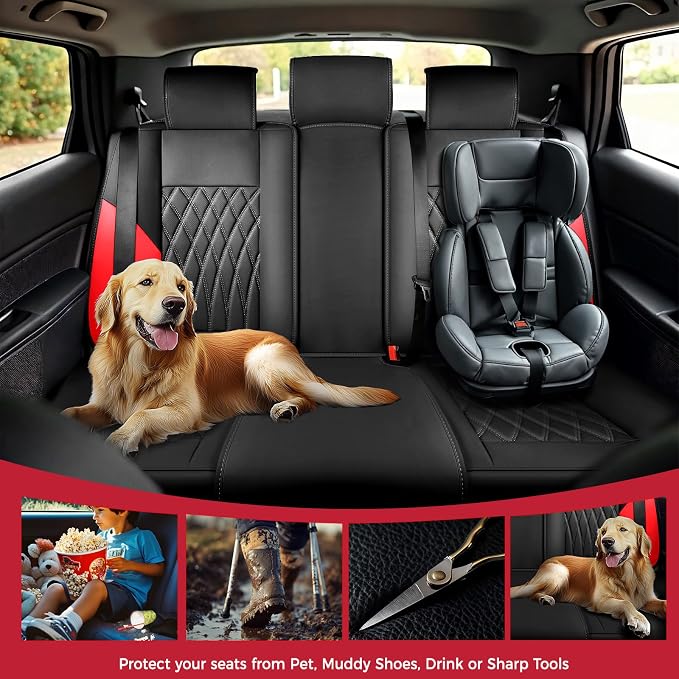 FREESOO Car Seat Covers Full Set Faux Leather Universal Fit Black Red | faux nappa leather seat covers, waterproof breathable, full set lumbar support, front rear covers, fit sedans suvs pickups - Image 7