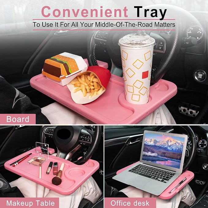 JUSTTOP Car Steering Wheel Desk, Travel Car Accessories, Car Stand Trays for Eating, Multipurpose Car Steering Wheel Desk Tray Table(Pink) - Image 3