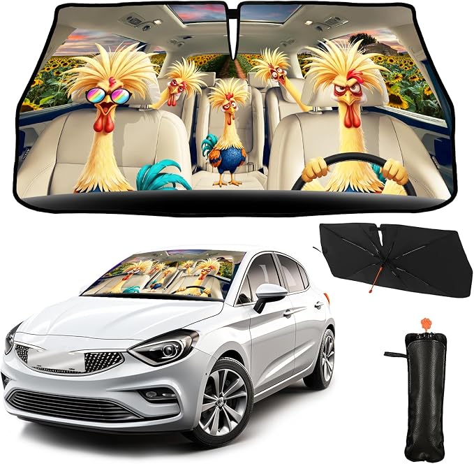 CHILL·TEK Print Rooster Windshield Sun Shade Funny Rooster Sun Shade for Car Front Window Block UV Rays Foldable Umbrella Windshield Sun Visor Protector Keep Vehicle Cool for Most Vehicles by CHILL%C2%B7TEK