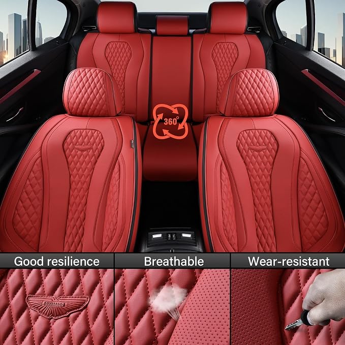Coverado Car Seat Covers Full Set, Seat Covers, Car Seat Cover, Car Seat Covers Front Seats Back Seat Cover, Waterproof Car Seat Cushion, Leather Red Seat Covers Seat Protector Universal Fit Most Cars - Image 8