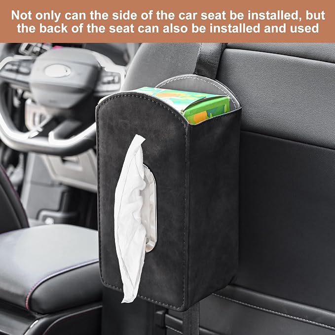 JEYODA Car Seat Organizer,Suede Leather Tissue Holder fit for Kleenex tissues, Car Seat Side Organizer for 120 Sheet Napkin, Drink, Phone, etc (Black) - Image 8