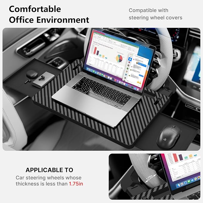 Steering Wheel Tray, Car Food Tray, Adjustable Car Laptop Desk ﻿ | Car Desk with Phone Slot and Storage Drawers, Portable ABS Table with Anti-Slip Pads, Fits Most Steering Wheels - Image 2