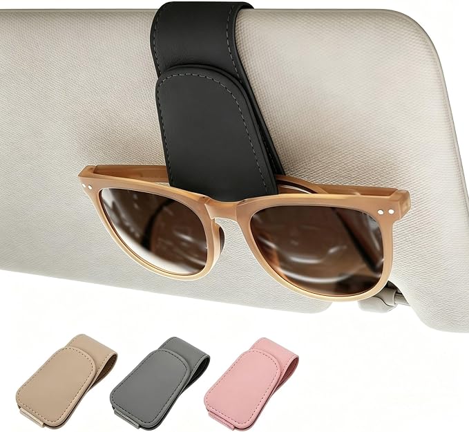 Magnetic Leather Car Sunglass Holder, Visor Sunglasses Holder Clip, 1 Pack | Suitable for Different Size Eyeglasses, Easy Opreation, Car Organziation Accessories by Ompellus