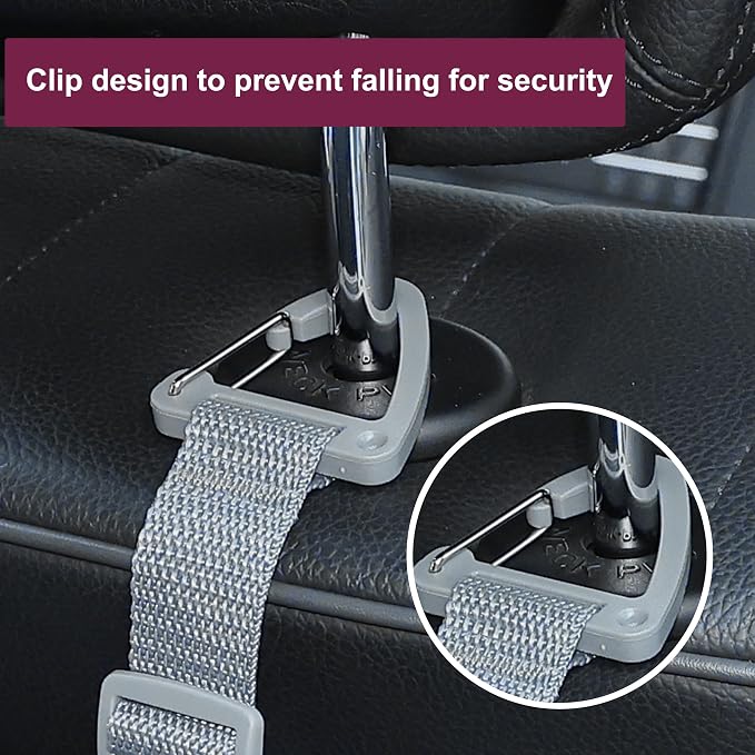4-Pack Universal Car Headrest Hooks Anti-drop Seat Back Organizer for Bags | Adjustable Nylon Straps, Heavy-Duty Holds 40 lbs, Thickened ABS, Hanger for Handbag Backpack Groceries Water Bottle, Gray - Image 4