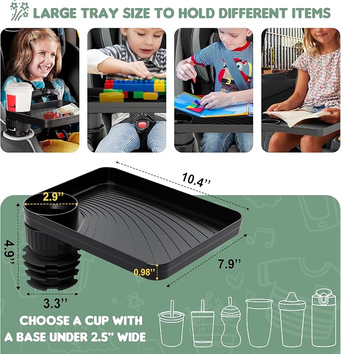 Car Seat Tray for Kids Fits 3.1'-3.5'Cup Holders (1, Large Base) | 360°Rotated, Expandable Base, Large Tray for Toys/Books/Snacks, Durable and Safe Material, Kids Travel Essentials - Image 4