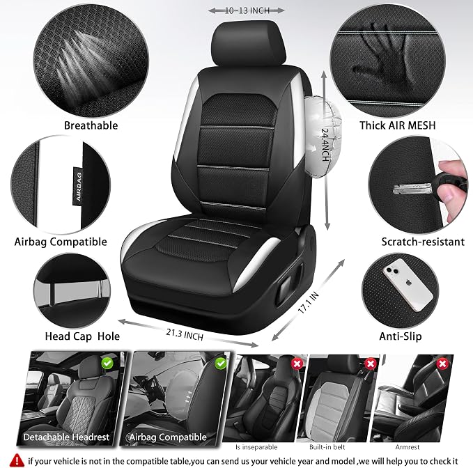 CAR PASS Memory Foam Car Seat Covers,Air Cool Mesh Thick Seat Covers Front Seats,White Leather Seat Covers for Car,Universal Automotive Comfort for Most Cars,SUV,Trucks,Airbag Compatible,Black White - Image 4