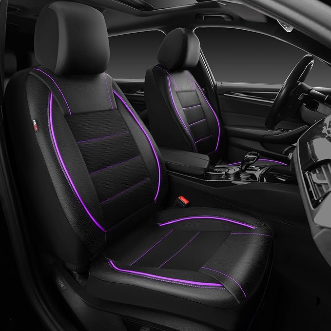 CAR PASS Universal FIT Piping Leather Two Front Seat Covers, Waterproof Faux Leather for SUV Sedan Van Truck, Airbag Compatible,Reserved Opening Holes for Headrest Covers(Black and Purple) by CARPASS
