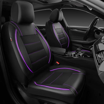 CAR PASS Universal FIT Piping Leather Two Front Seat Covers, Waterproof Faux Leather for SUV Sedan Van Truck, Airbag Compatible,Reserved Opening Holes for Headrest Covers(Black and Purple) by CARPASS