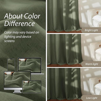 RYB HOME Linen Sheer Curtains 2 Panels for Living Room, Semi Transparent Privacy Drapes with Rod Pocket Farmhouse Style Window Treatments for Bedroom, Olive Green, 52" W x 102" L - Image 4