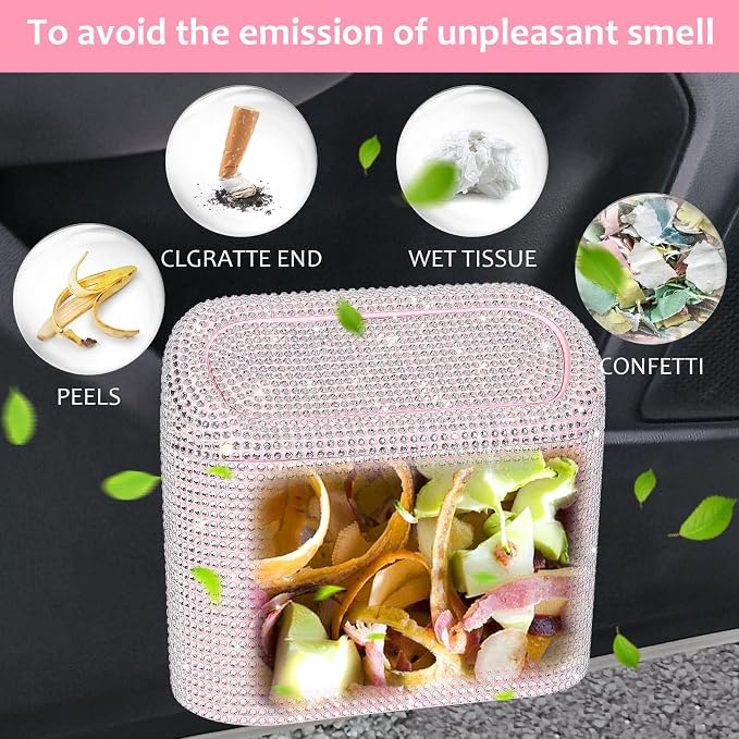 Accmor Bling Car Trash Can with Lid, Leakproof Mini Vehicle Trash Bin Automotive Dustbin Organizer Storage, Sparkling Crystal Rhinestone Trash Bag Container with 30pcs Garbage Bags Car Accessories - Image 6